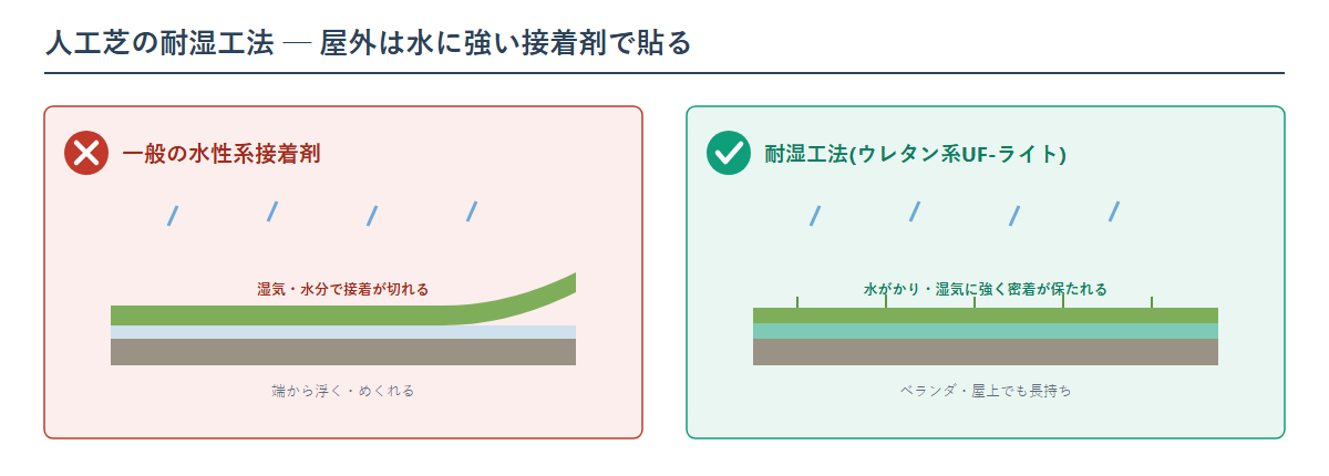 人工芝の耐湿工法の図。一般の水性系接着剤は屋外の水分や下地の湿気で接着が切れて人工芝が浮くNG。ウレタン系プラゾールUF-ライトの耐湿工法は水がかりや湿気に強く接着が保たれるOK