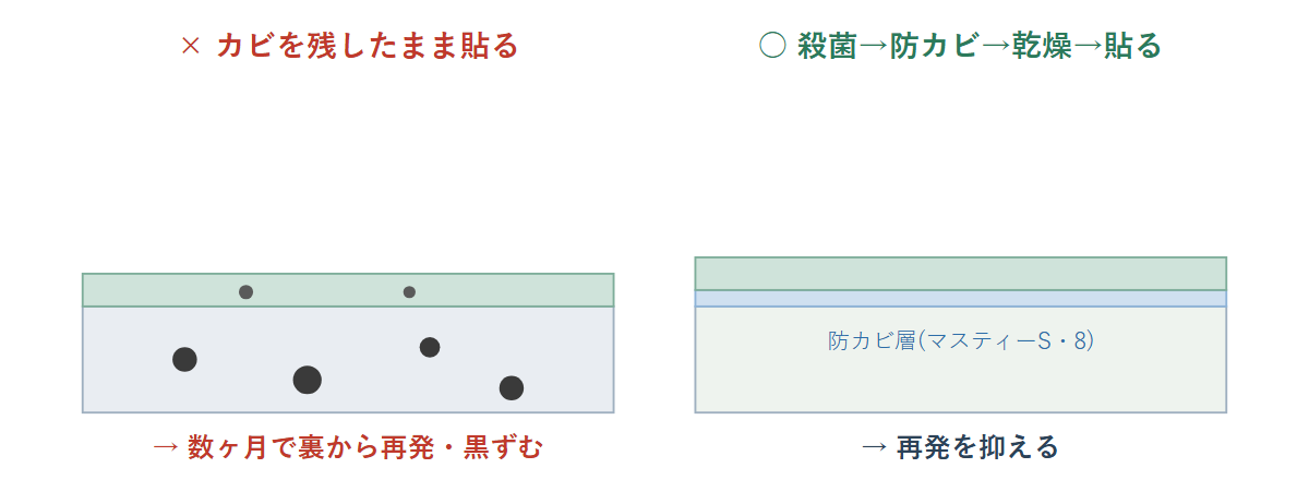 カビを残したまま壁紙を貼ると裏から再発する場合と、殺菌・防カビ処理をして再発を抑える場合の比較断面図