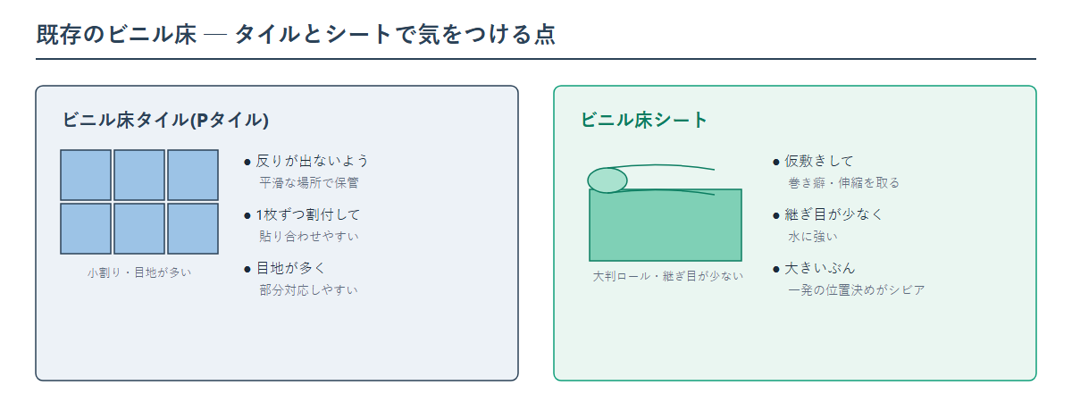 既存のビニル床タイルとビニル床シートの違いの対比図。ビニル床タイルは小割りで反り防止に平滑な場所で保管し部分対応しやすいが目地が多い。ビニル床シートは大判ロールで巻き癖を仮敷きで取ってから貼り継ぎ目が少ない