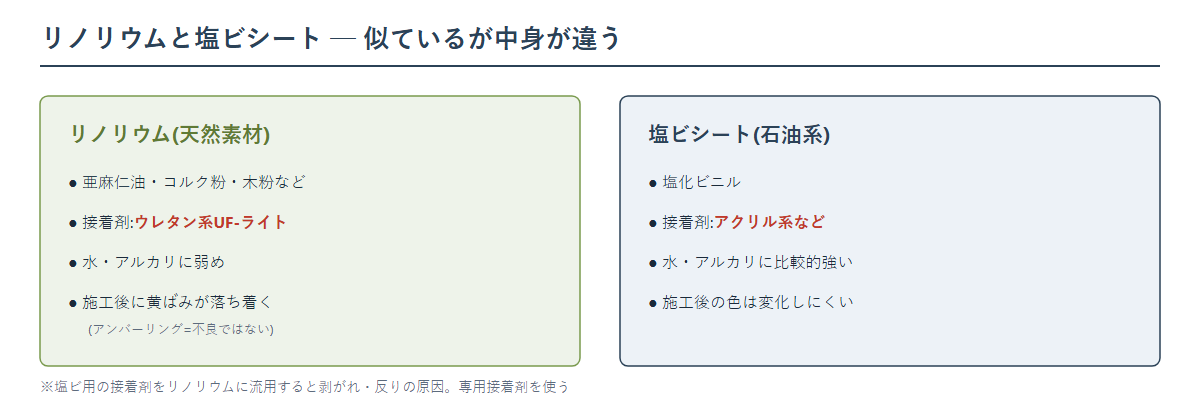 リノリウムと塩ビシートの違いの対比図。リノリウムは亜麻仁油やコルク粉など天然素材でウレタン系接着剤を使い水やアルカリに弱く施工後に黄ばみが落ち着く。塩ビシートは石油系でアクリル系接着剤を使う