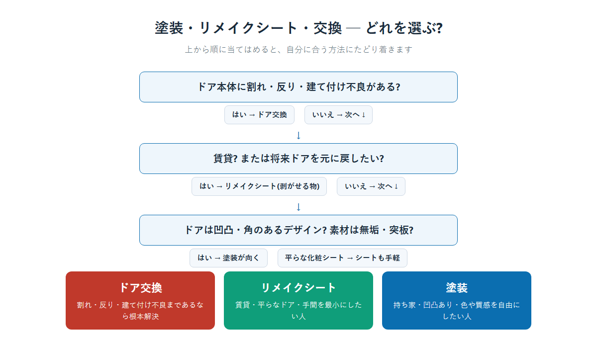 塗装・リメイクシート・ドア交換の判断フローチャート。割れや反りがあれば交換、賃貸や元に戻したいならリメイクシート、凹凸のある持ち家や無垢なら塗装が向くという分岐図