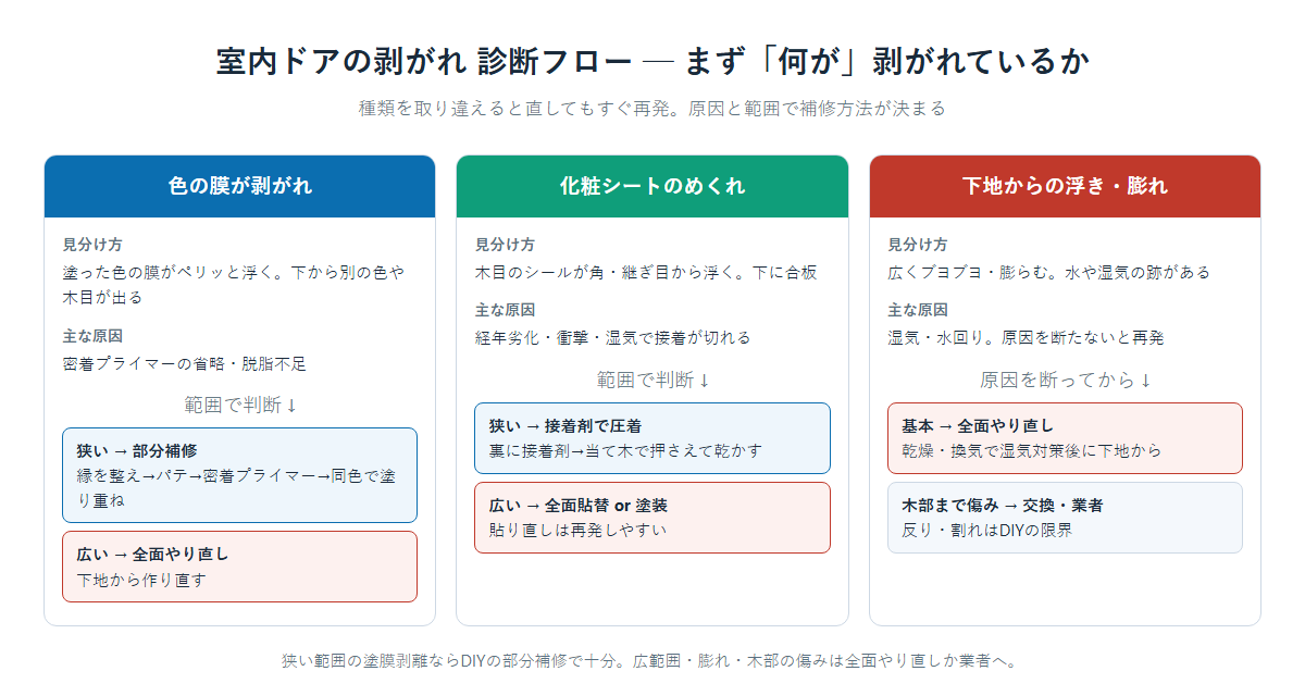 室内ドアの剥がれ診断フロー図。色の膜の剥離・化粧シートのめくれ・下地からの浮きの3種類ごとに見分け方と原因、狭ければ部分補修・広ければ全面やり直しという補修方法を示した図